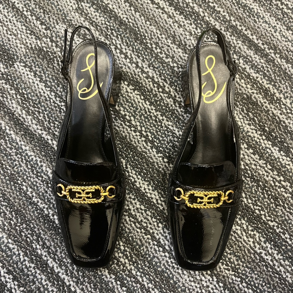 Sam Edelman Black Patent Loafers with Gold Chain